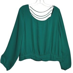 Liberty Love Women Blouse Lantern Sleeve Lattice Back Green Holiday Party L‎